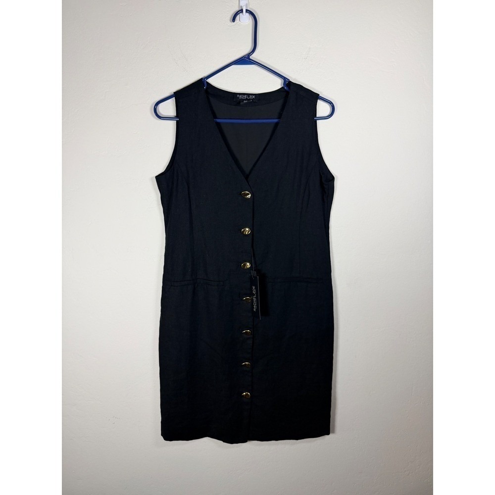 Rachel Zoe Black Sleeveless V Neck Button Front Midi Dress Women's XS